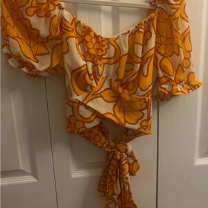 Orange & Cream Retro Floral Cropped Wrap Top | Size Large | Tie Front